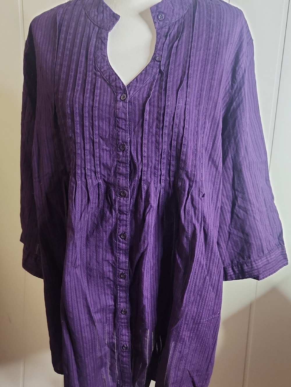 Route 66 Purple Button-Front Pintuck Tunic
